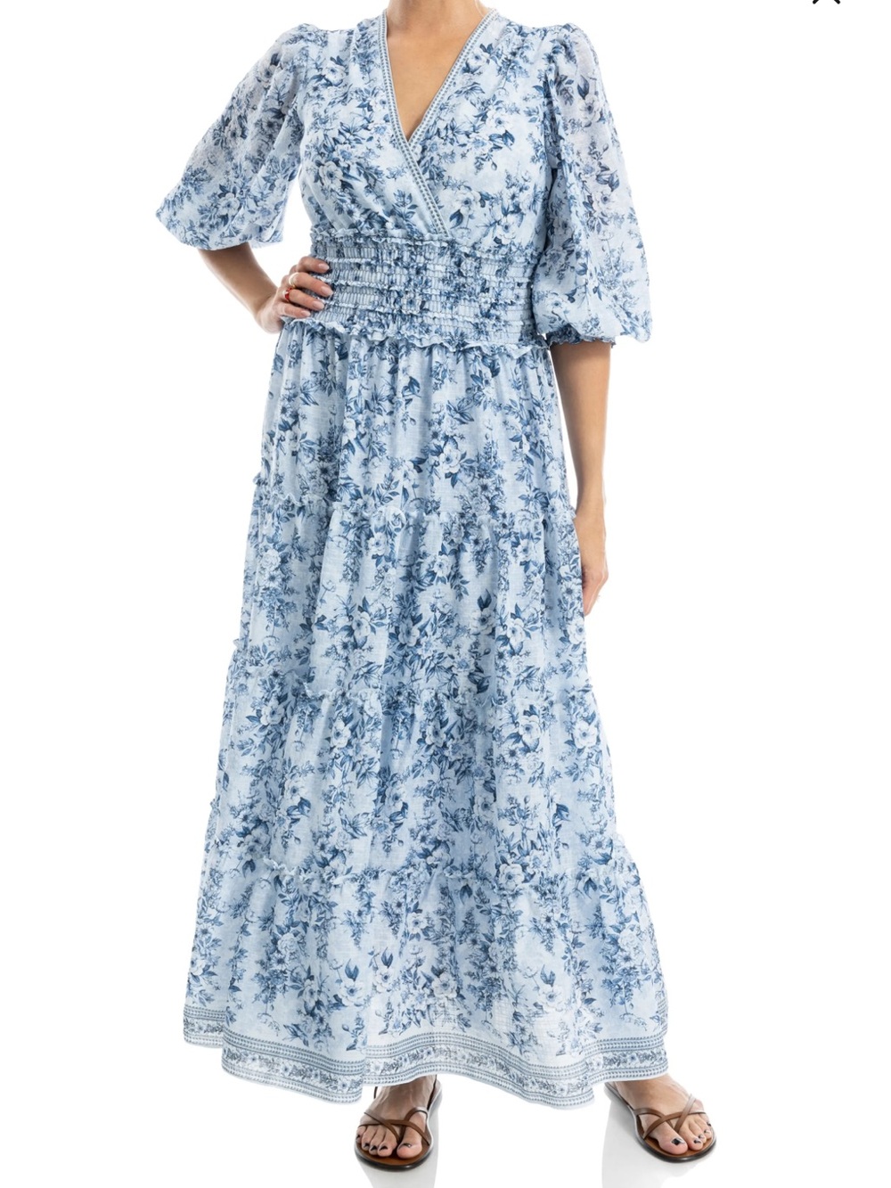 Max Studio Blue Floral V-Neck Smocked Maxi Dress